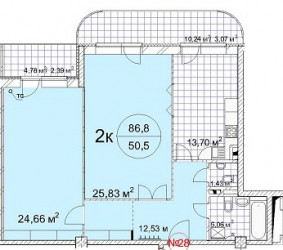 Двухкомнатная квартира 86.8 м²