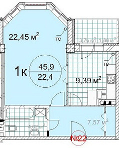 Однокомнатная квартира 45.9 м²